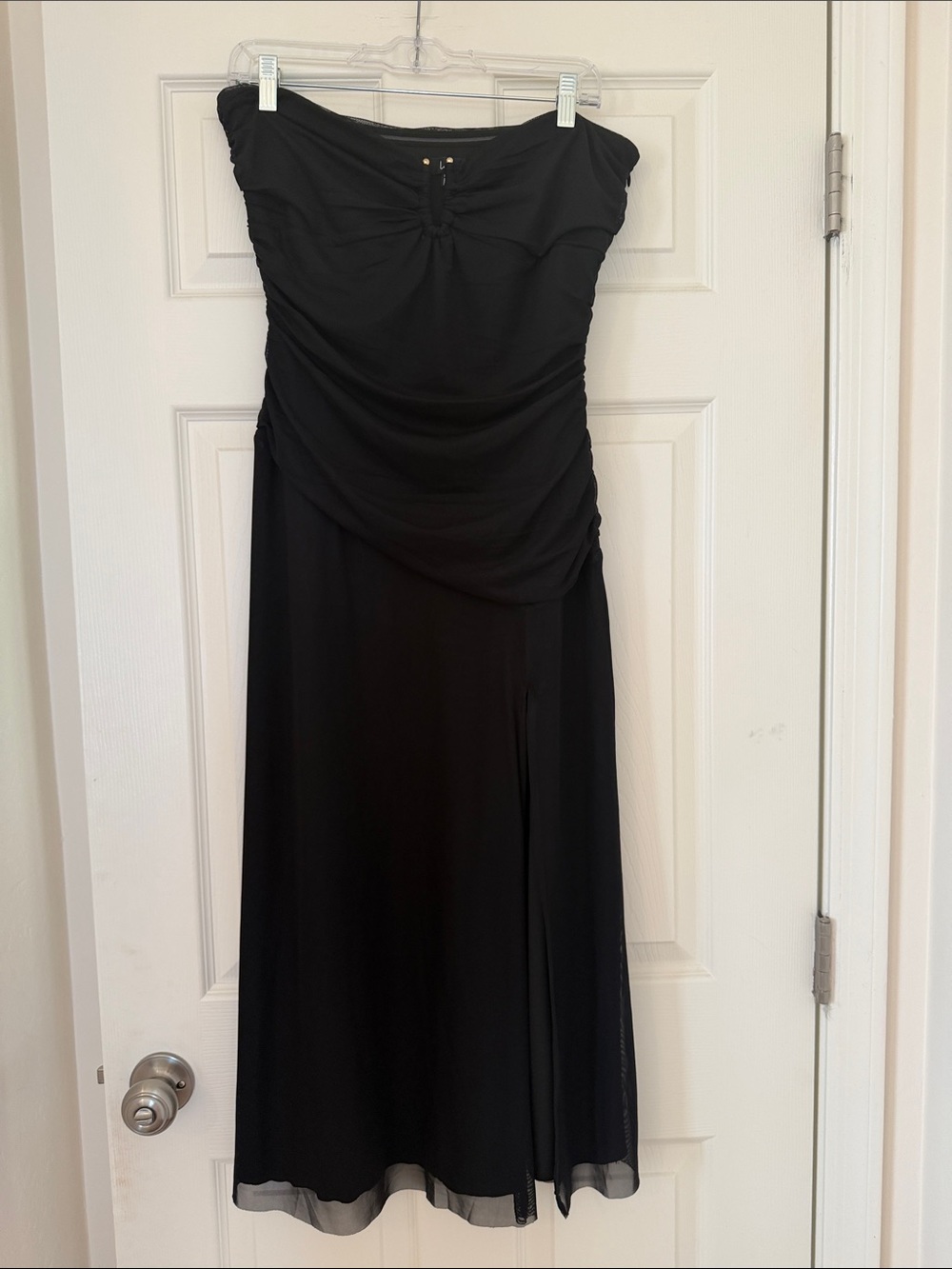 Classic Black Strapless Evening Dress with Gold Detail
